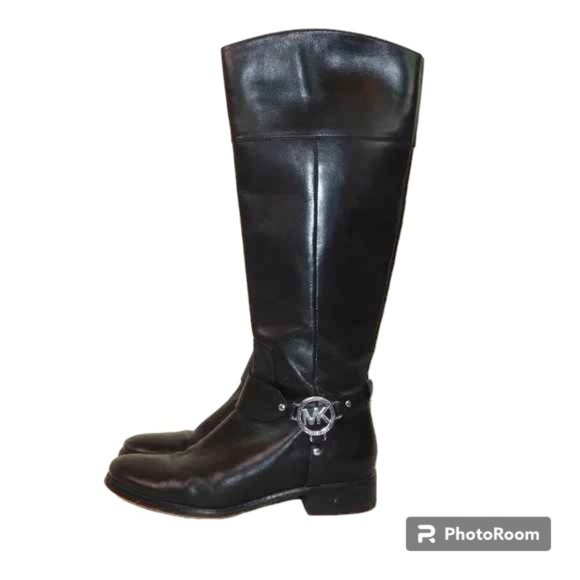 Michael Kors Knee High Leather Black Boots Size 7.5M Silver Tone MK Detail - Picture 1 of 14